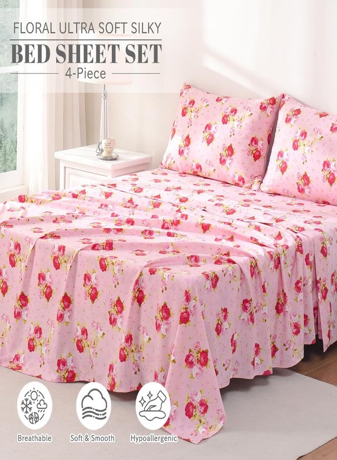 Bedlifes California King Sheet Set Ultra Soft, Breathable, Silky Flower Deep Pocket 100% Microfiber Bedding, 4 Piece Cal King Size Pink Floral(Red Rose) - Image 2