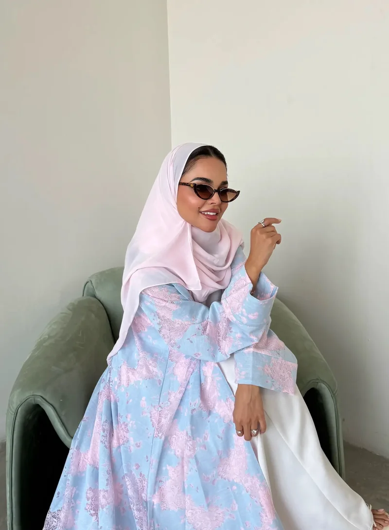Lusin Abaya Sky Blue Linen Abaya with Pink Lace Detail & Veil