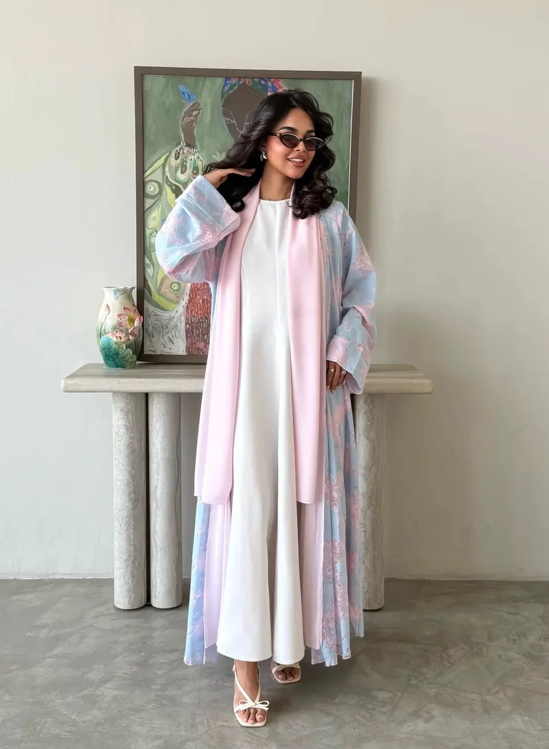 Lusin Abaya Sky Blue Linen Abaya with Pink Lace Detail & Veil