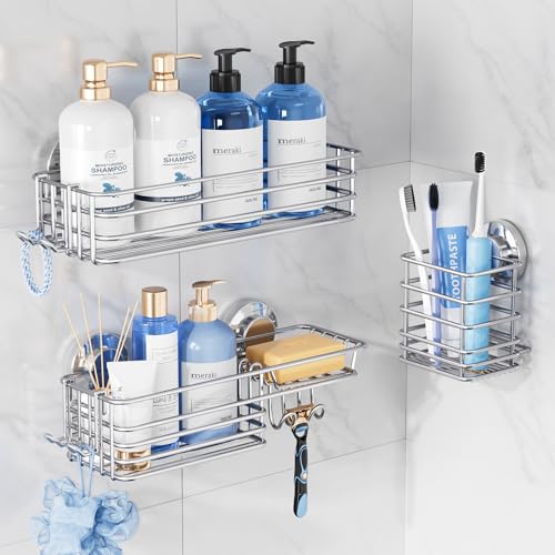 TAILI Shower Caddy Suction Cup 3 Pack Shelves for Inside with Hooks Soap Holder Toothbrush Cups Removable Bathroom Organizer Rustproof Silver StorageSilver - Image 1