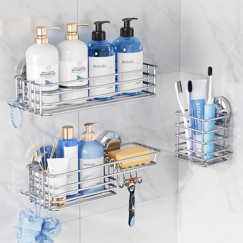 TAILI Shower Caddy Suction Cup 3 Pack Shelves for Inside with Hooks Soap Holder Toothbrush Cups Removable Bathroom Organizer Rustproof Silver StorageSilver - Image 2