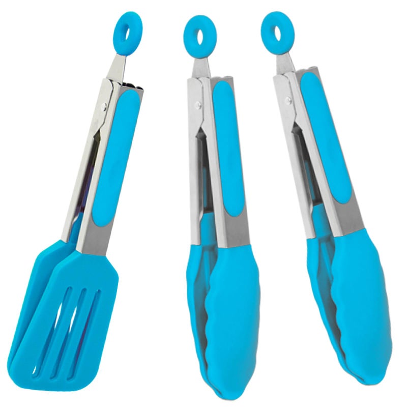 Pharamat Small Serving Tongs Set of 3 Mini Tongs 7 inch with Silicone Tips and Stainless Steel Handle Great for Steaks Salads VegetablesBlue - Image 2
