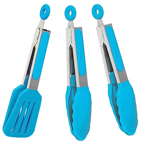 Pharamat Small Serving Tongs Set of 3 Mini Tongs 7 inch with Silicone Tips and Stainless Steel Handle Great for Steaks Salads VegetablesBlue - Image 1