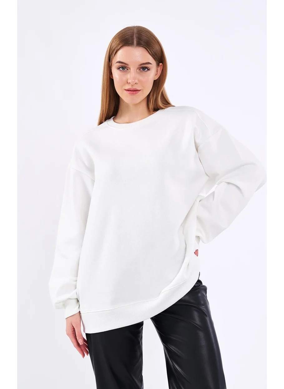 mmetalic Ecru Women's Cotton Oversize Basic Crew Neck Sweatshirt