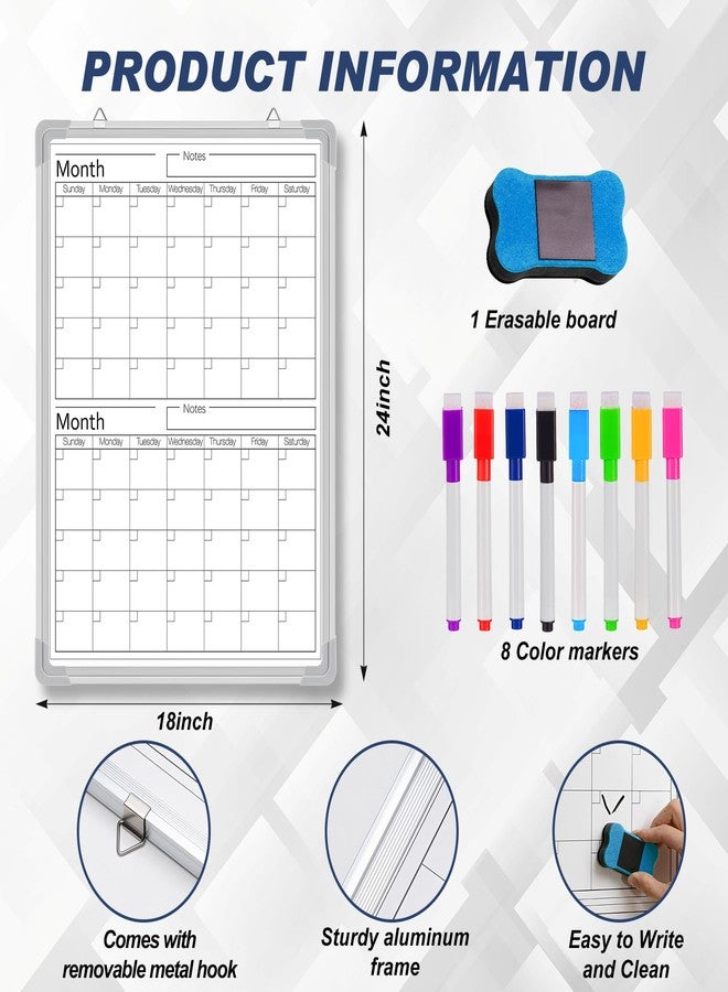 Lincia 24" x 18" Magnetic Vertical 2 Month Dry Erase Calendar for Wall Undated Horizontal Dry Erase Wall Calendar Planner Aluminum Frame Whiteboard for Home Office Projects Wall Fridge - Image 2