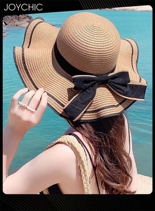 Joychic قبعة شاطئ نسائية من القش كلاسيكية فيدورا بحد واسع لحماية من الشمس للسفر قابلة للطي محمولة - Image 1