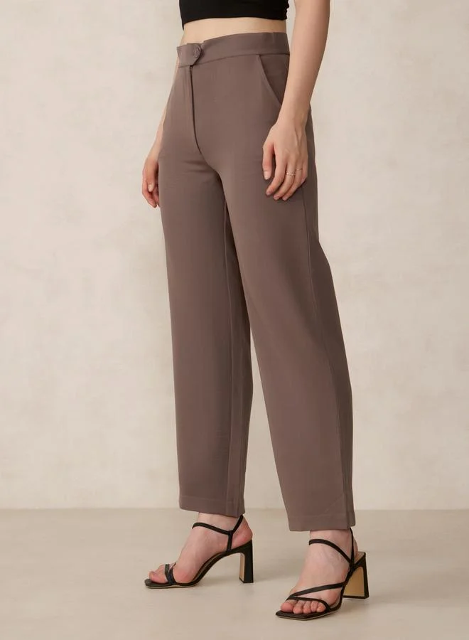 OUTZIDR Brown Extended Waistband Straight Fit Trousers