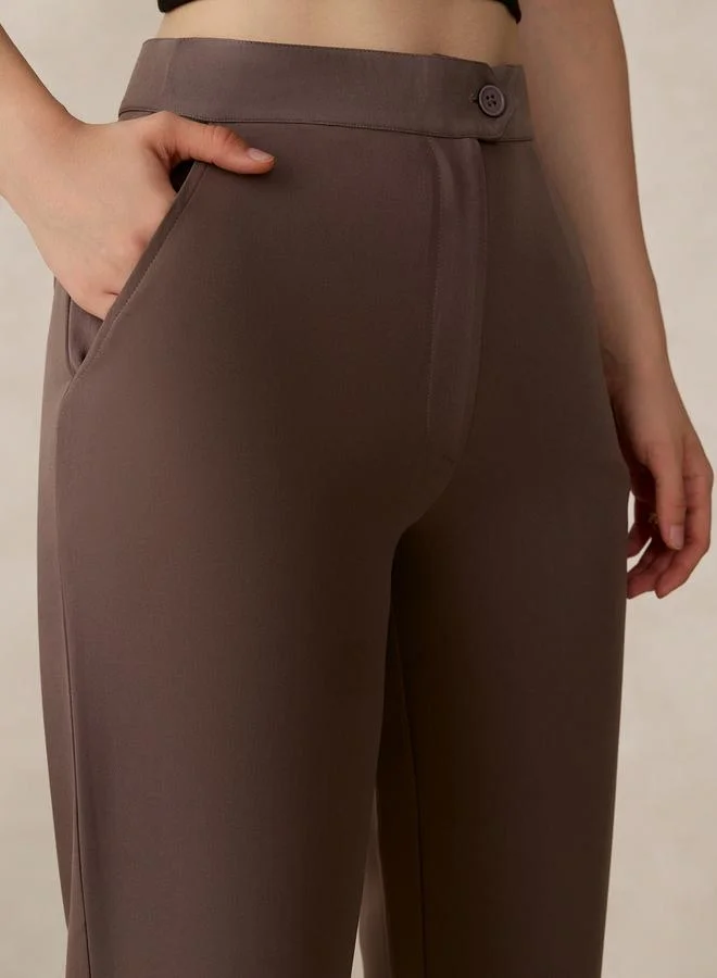 OUTZIDR Brown Extended Waistband Straight Fit Trousers