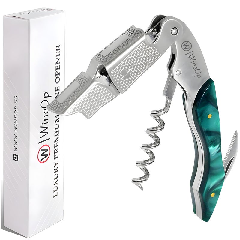 W WINEOP WineOp Professional Wine Opener  Luxury Double Hinged Waiters Corkscrew Wine Bottle Key  Cork screwer for Servers Bartenders Sommelier and Home Use  AllInOne Stainless Steel  Green Resin 