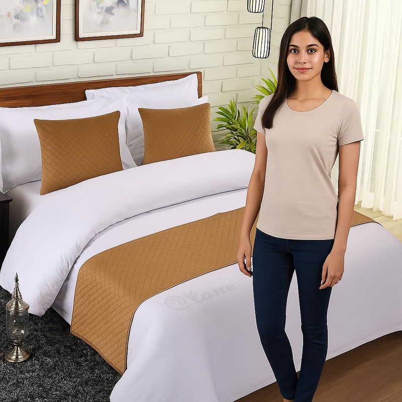 Kingly Quilted Velvet Bed Runner Combo Golden Mustard 3 Piece Decorative Set for King Bed Premium Soft Fabric 16x96 Runner & 2 Cushions - Image 1