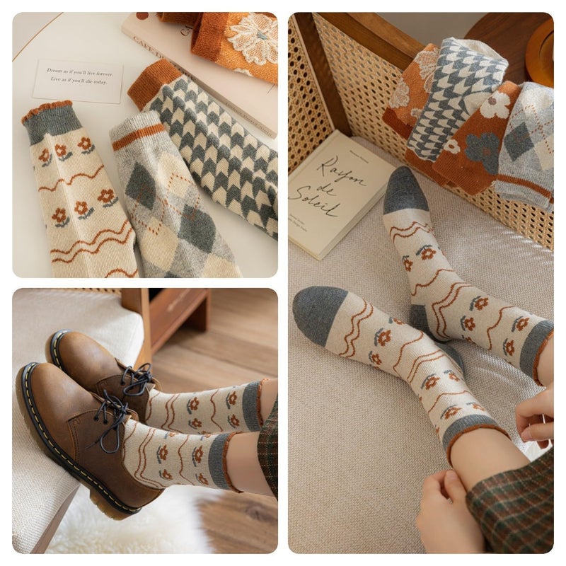 FORJMMP 5/10 Pairs Wool Socks for Women Thick Knit Vintage Cute Floral Crew Socks (5 Pairs-Orange Flowers) - Image 2