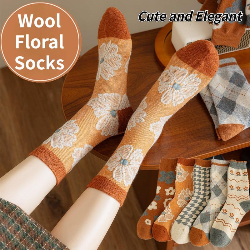 FORJMMP 5/10 Pairs Wool Socks for Women Thick Knit Vintage Cute Floral Crew Socks (5 Pairs-Orange Flowers) - Image 4