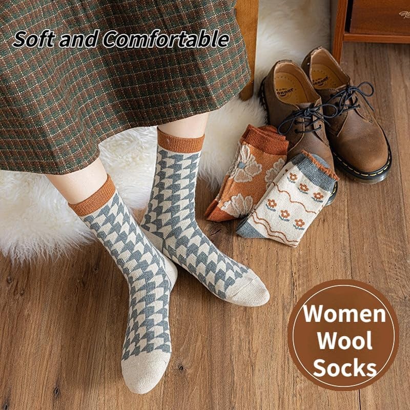 FORJMMP 5/10 Pairs Wool Socks for Women Thick Knit Vintage Cute Floral Crew Socks (5 Pairs-Orange Flowers) - Image 5
