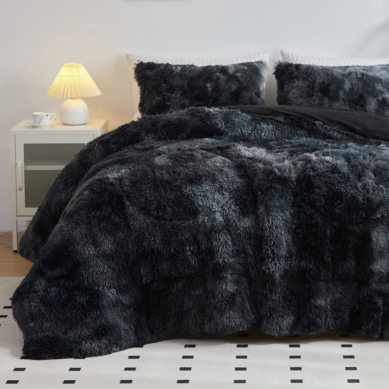 Wajade Faux Fur Plush Tie Dye Black Comforter Set Fluffy Fuzzy Shaggy Bedding Set 3PC Full Size Microfiber Soft Warm Quilt Set - Image 2