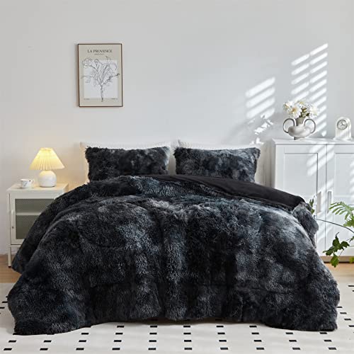 Wajade Faux Fur Plush Tie Dye Black Comforter Set Fluffy Fuzzy Shaggy Bedding Set 3PC Full Size Microfiber Soft Warm Quilt Set - Image 3