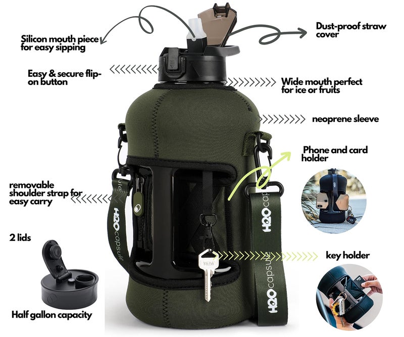 H2O Capsule كبسولة H2O 2.2 لتر زجاجة ماء نصف جالون مع غلاف تخزين وغطاء قش مغطى - حاوية مشروب كبيرة قابلة لإعادة الاستخدام مع مقبض - إبريق رياضي كبير 2.2 لتر (74 أونصة) أخضر - Image 3