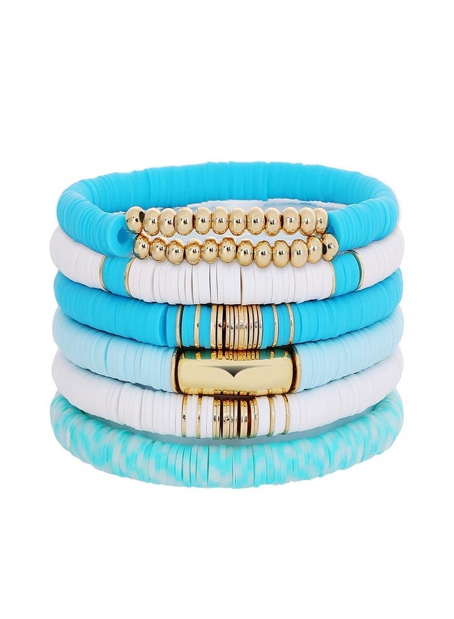 GOOJIDS Surfer Heishi Clay Bead Bracelets for Women Bohemian Stackable Gold Plated Beaded Stretch Bracelets Elastic Layering Friendship Bracelets Set Boho Jewelry, Medium, Polymer clay, no gemstone - Image 1