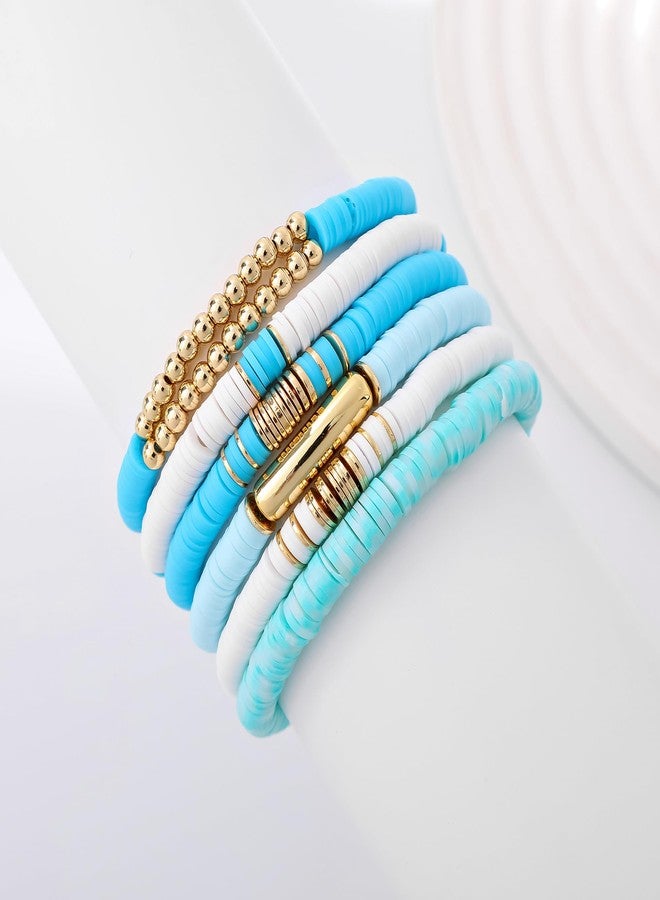 GOOJIDS Surfer Heishi Clay Bead Bracelets for Women Bohemian Stackable Gold Plated Beaded Stretch Bracelets Elastic Layering Friendship Bracelets Set Boho Jewelry, Medium, Polymer clay, no gemstone - Image 2