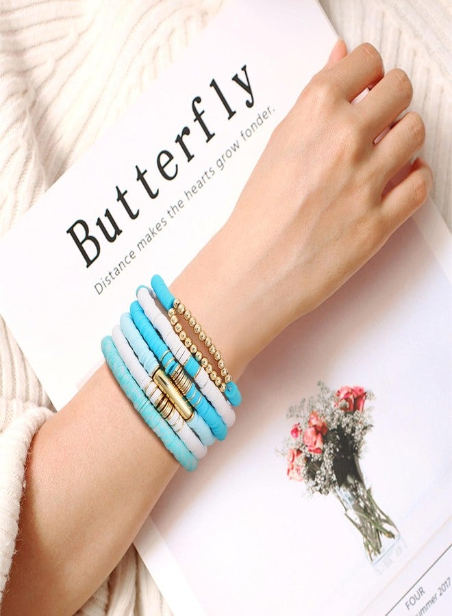 GOOJIDS Surfer Heishi Clay Bead Bracelets for Women Bohemian Stackable Gold Plated Beaded Stretch Bracelets Elastic Layering Friendship Bracelets Set Boho Jewelry, Medium, Polymer clay, no gemstone - Image 4