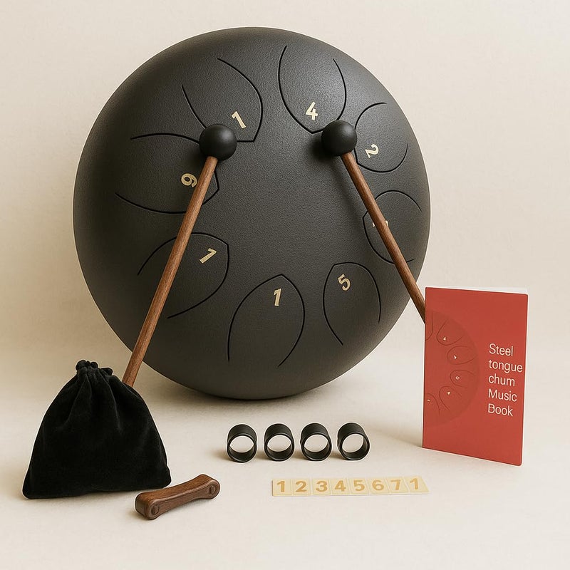 WindWarrior 6-Inch Steel Tongue Drum 8-Note C Key – Percussion Instrument for Meditation, Yoga, Music Education & Relaxation with Mallets, Finger Picks & Carry Bag (Black) - Image 1