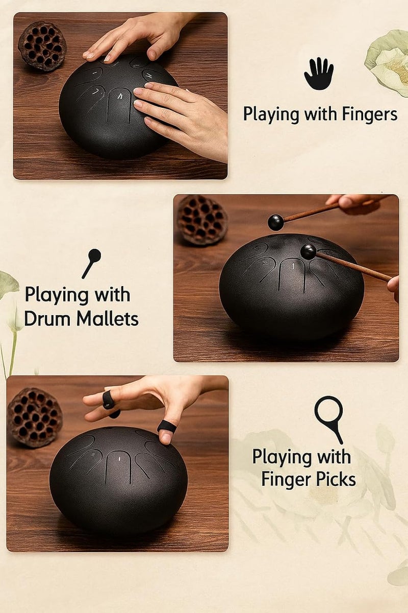 WindWarrior 6-Inch Steel Tongue Drum 8-Note C Key – Percussion Instrument for Meditation, Yoga, Music Education & Relaxation with Mallets, Finger Picks & Carry Bag (Black) - Image 5