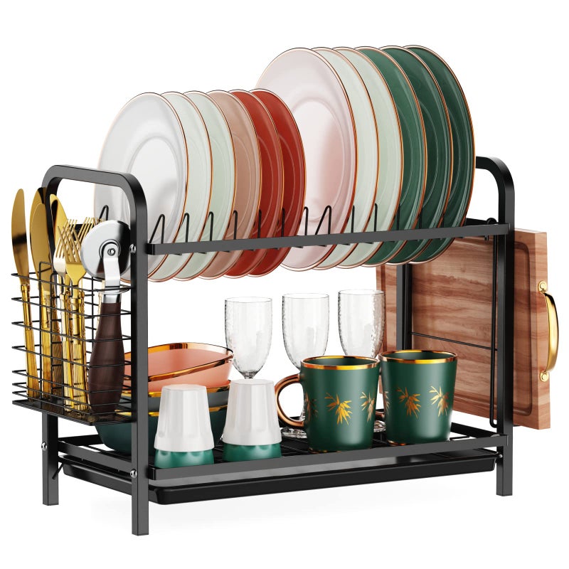 iSPECLE 2 Tier Dish Drainer  Dish Drying Rack with Drip Tray Sink Draining Board with Utensil Cutting  Board Holder for Kitchen WorktopBlack Square