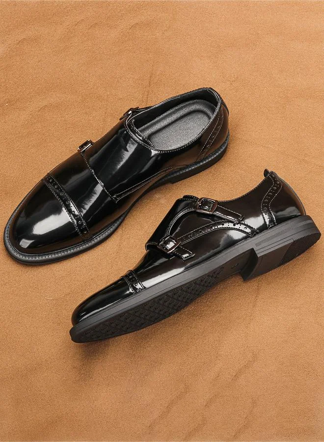 تايك تو Men Black Patent Toecap Double Monk Shoes