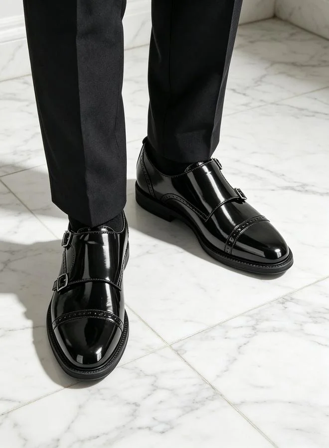تايك تو Men Black Patent Toecap Double Monk Shoes