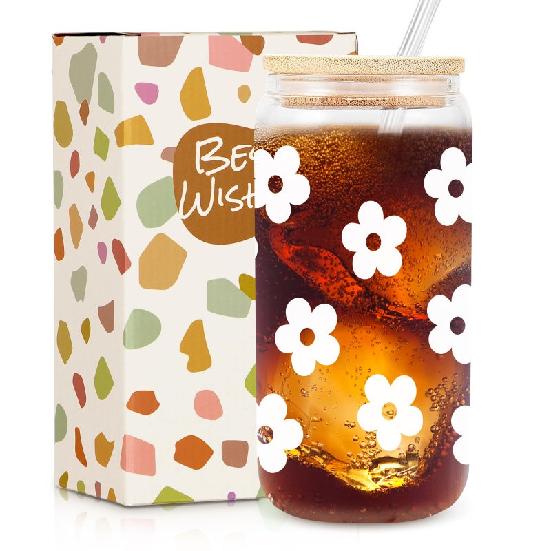 Daisy Glass Cup with Lid  Straw Cute Daisy Gifts for Friends Female Best Friend Birthday Gifts Iced Coffee Glass Aesthetic Cups Floral Cup 16oz