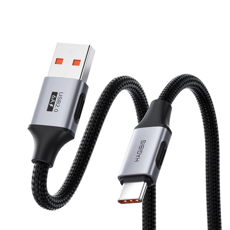 هاجيبس كابل بيانات مضفر سريع الشحن 6A من هاجيبيس، USB A إلى C، سرعة نقل بيانات 480 ميجابت في الثانية، شحن وتزامن بيانات، كابل شحن PD، متوافق مع Android Auto وCarplay لأجهزة iPhone 17/16/15 Pro Max (25 سم) - Image 1