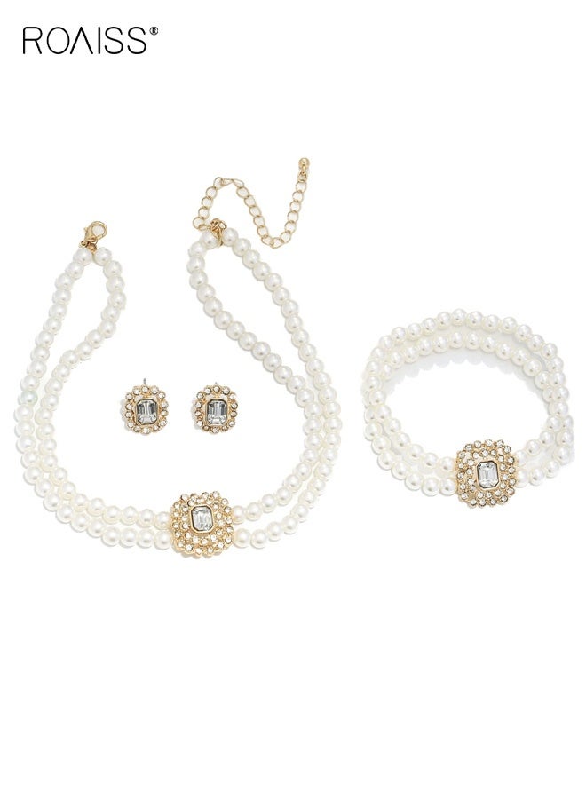 roaiss Pearl Choker Necklace for Women, Gold Crystal Rhinestone Pearl Collar Statement Necklaces Earrings, Bridal Pearls Diamond jewelry Set for Wedding Anniversary Prom - Image 5