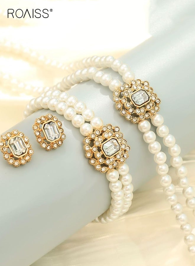 roaiss Pearl Choker Necklace for Women, Gold Crystal Rhinestone Pearl Collar Statement Necklaces Earrings, Bridal Pearls Diamond jewelry Set for Wedding Anniversary Prom - Image 3