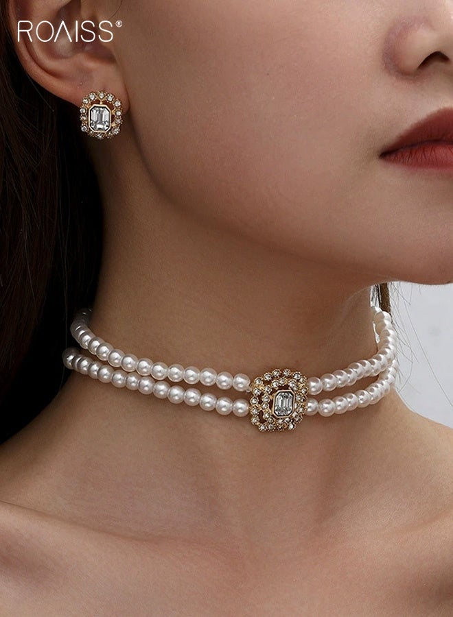 roaiss Pearl Choker Necklace for Women, Gold Crystal Rhinestone Pearl Collar Statement Necklaces Earrings, Bridal Pearls Diamond jewelry Set for Wedding Anniversary Prom - Image 1