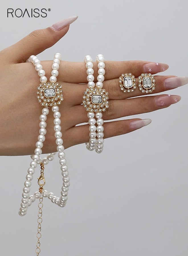 roaiss Pearl Choker Necklace for Women, Gold Crystal Rhinestone Pearl Collar Statement Necklaces Earrings, Bridal Pearls Diamond jewelry Set for Wedding Anniversary Prom - Image 2