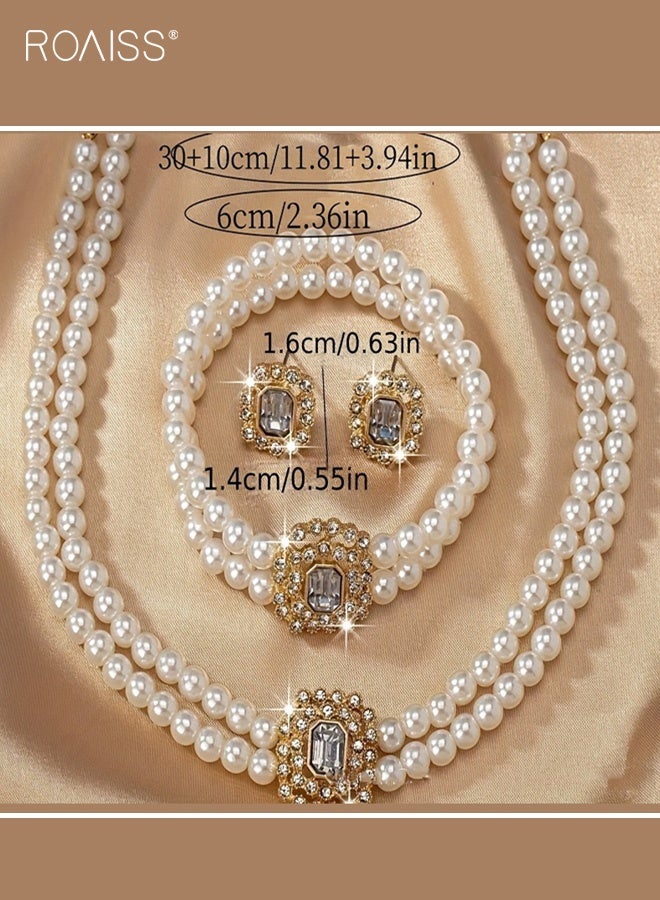 roaiss Pearl Choker Necklace for Women, Gold Crystal Rhinestone Pearl Collar Statement Necklaces Earrings, Bridal Pearls Diamond jewelry Set for Wedding Anniversary Prom - Image 4
