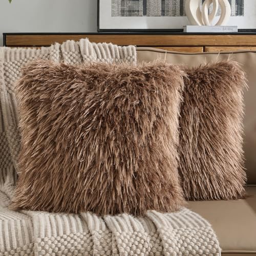 FUTEI Pack of 2 Shaggy Mongolian Faux Wool Throw Pillow Covers 18x18 Inch Soft Fluffy Farmhouse Decorative Cushion Case for Couch Bed Living Room Dark Brown - Image 1