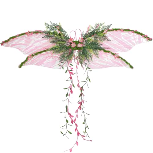 RENEMEGO Pink Fairy Wings for Adult Butterfly Wings for Women Mother Nature Costume Woodland Elf Wings with Pink Flowers Leaves and Vines for Renaissance Renfaire Fantasy Fairy Costume Cosplay - Image 1