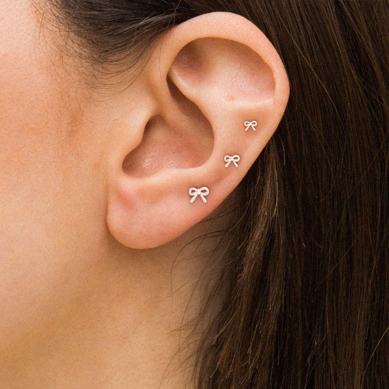 VRIUA Hypoallergenic Flat Back Earrings for Women - 14K Silver Plated Small Bow Flat Back Stud Earrings Cartilage Helix Piercing Jewelry - Image 3