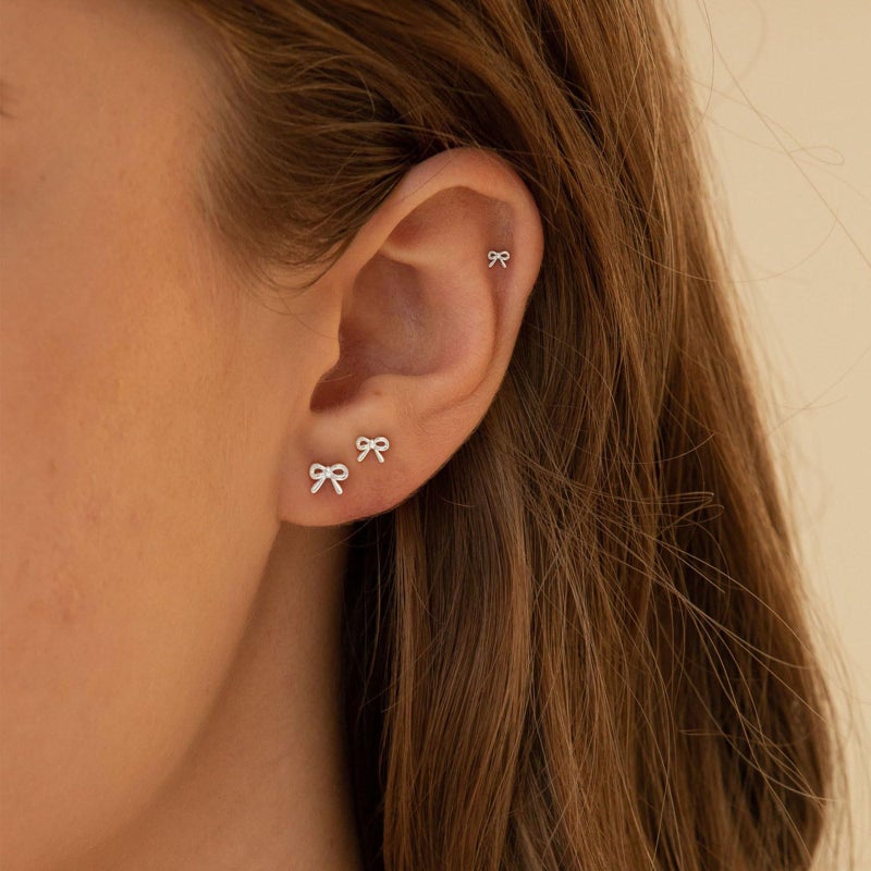 VRIUA Hypoallergenic Flat Back Earrings for Women - 14K Silver Plated Small Bow Flat Back Stud Earrings Cartilage Helix Piercing Jewelry - Image 2