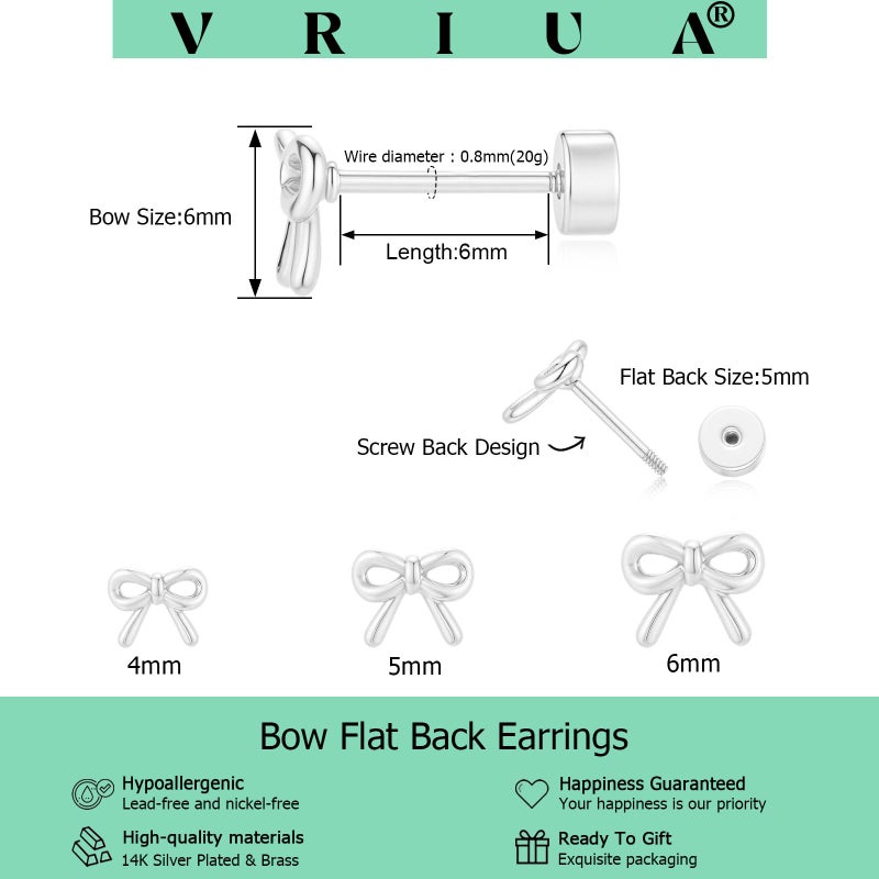 VRIUA Hypoallergenic Flat Back Earrings for Women - 14K Silver Plated Small Bow Flat Back Stud Earrings Cartilage Helix Piercing Jewelry - Image 4