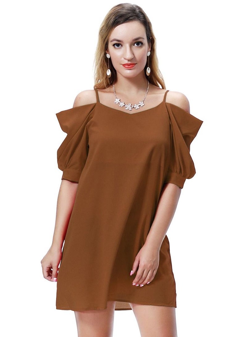 Loquat Women's Solid Color Off-Shoulder Mini Slip Dress Camel