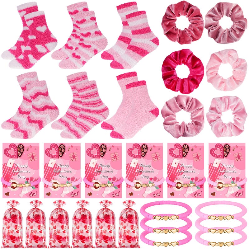 Landical 6 Set Galentine's Day Gift Include Velvet Hair Scrunchies Plush Socks Bracelets Greeting Cards Gift Bags for Girls Women Galentine's Day Girl's Night Bachelorette Party Supplies - Image 1