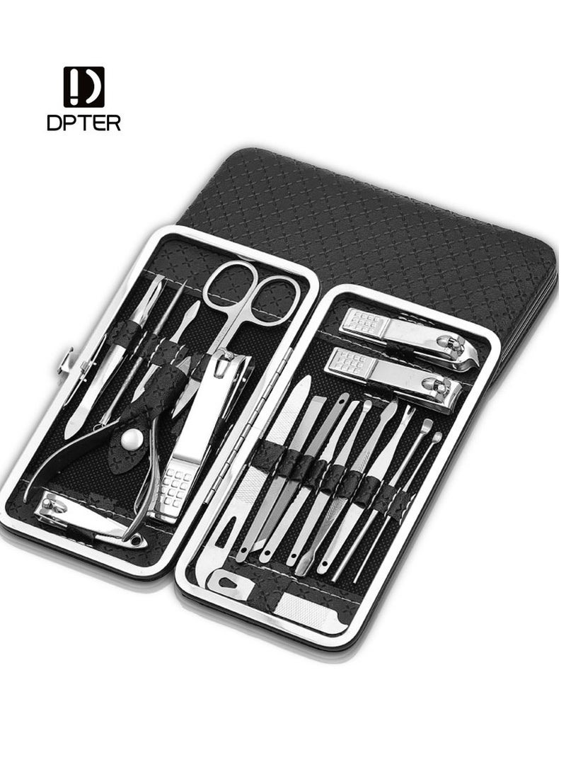 DPTER 19 in 1 Nail Clippers Manicure And Pedicure Set, 19 Pieces Stainless Steel Manicure Kit, Professional Grooming Kits, Nail Care Tools with Luxurious Travel Case, Travel Essentials Nail Kit, Includes Nail Clippers, Nail File, Pedicure Tools, Pedicure Kit, Facial Grooming Kit,Gifts for Men Woman, Black - Image 1
