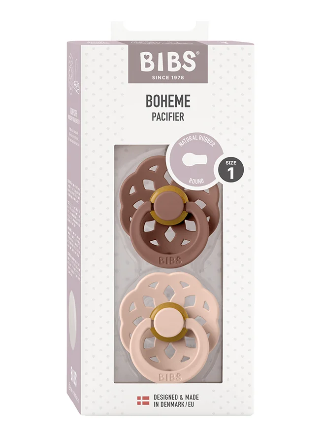 بيبس Baby Pacifier Boheme, Made with Natural Rubber Latex, Round Nipple, Mouth Skin Sensitive, Soft, Flexible, For Babies Aged Upto 6 Months, BPA-free, Woodchuck/ Blush Colour, Pack of 2, Size 1