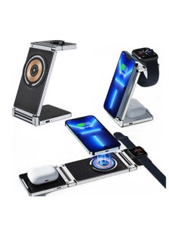 Foldable Wireless Charging Station for Apple Products/Watch/AirPods/iPhone, 4-in-1 Wireless Charging Station for Multiple Apple Products, Stylish Desk Charger Stand (Black)