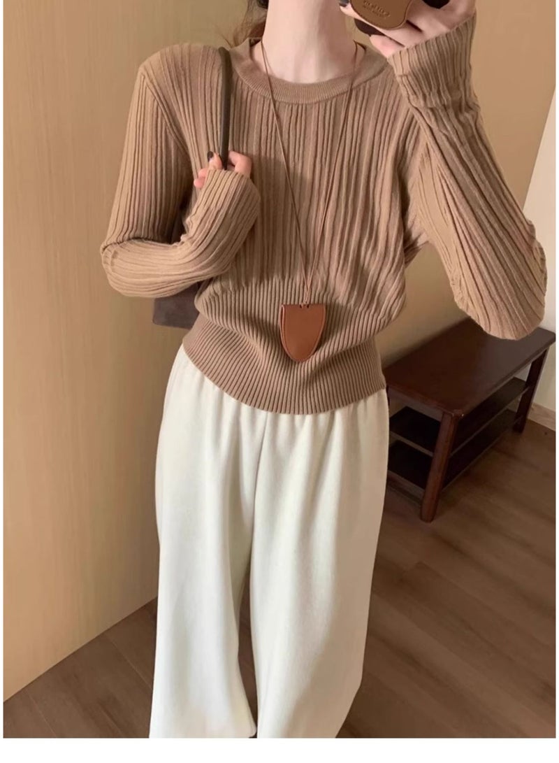 NIBEMINENT Autumn  Waist Cinched Sweater Pullover Women Korean High Stretch Knitted Sweaters Woman Casual Ribbed O-Neck Jumpers - Image 2