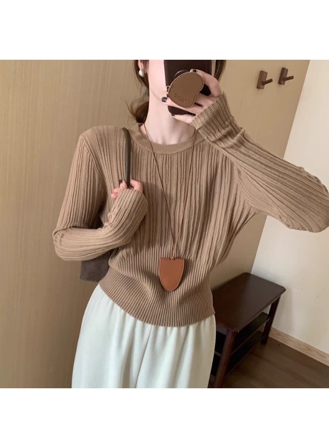 NIBEMINENT Autumn  Waist Cinched Sweater Pullover Women Korean High Stretch Knitted Sweaters Woman Casual Ribbed O-Neck Jumpers - Image 1