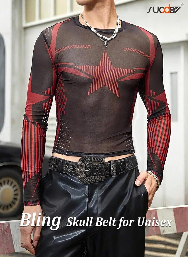 سوزدي حزام SUOSDEY مرصع بأحجار الراين على شكل جمجمة، حزام أنيق للرجال والنساء، حزام جلدي مرصع بتصميم بانك عصري، مناسب للجينز والسراويل والسترات - Image 5
