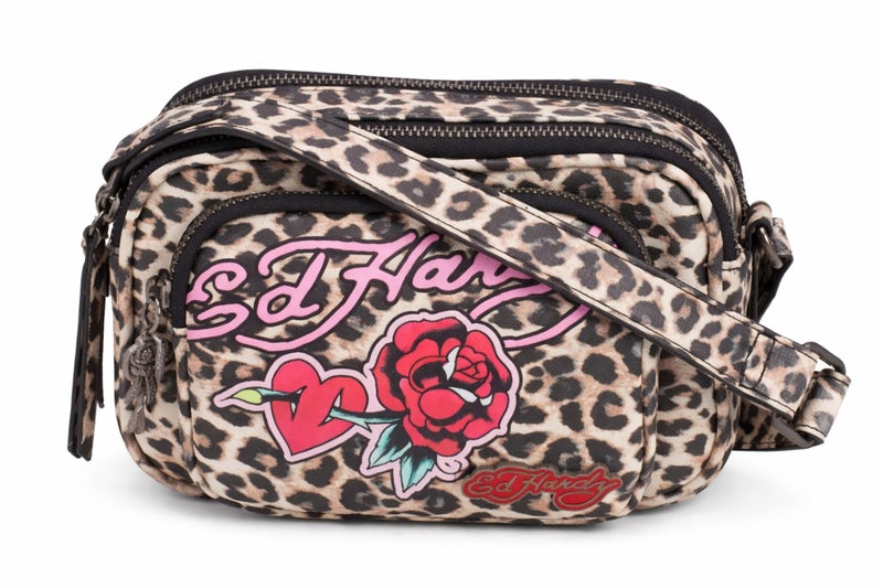Ed Hardy إي دي هاردي حقيبة كروس بودي بنقشة الفهد للنساء مع رسمة وشم قلب ووردة - فهد - Image 1