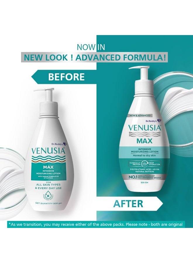 VENUSIA Dr. Reddy's Venusia Max Intensive Moisturizing Lotion | Enriched with 4D Hyaluronic Acid & Polyglutamic Acid | Clinically Proven Deep Penetration for Long lasting hydration | For Face & Body | Moisture Lock with Shea, Cocoa, Mango, and Aloe Butter |No.1 Dermatologist Recommended Brand | Normal to Dry Skin | 500 g - Image 3